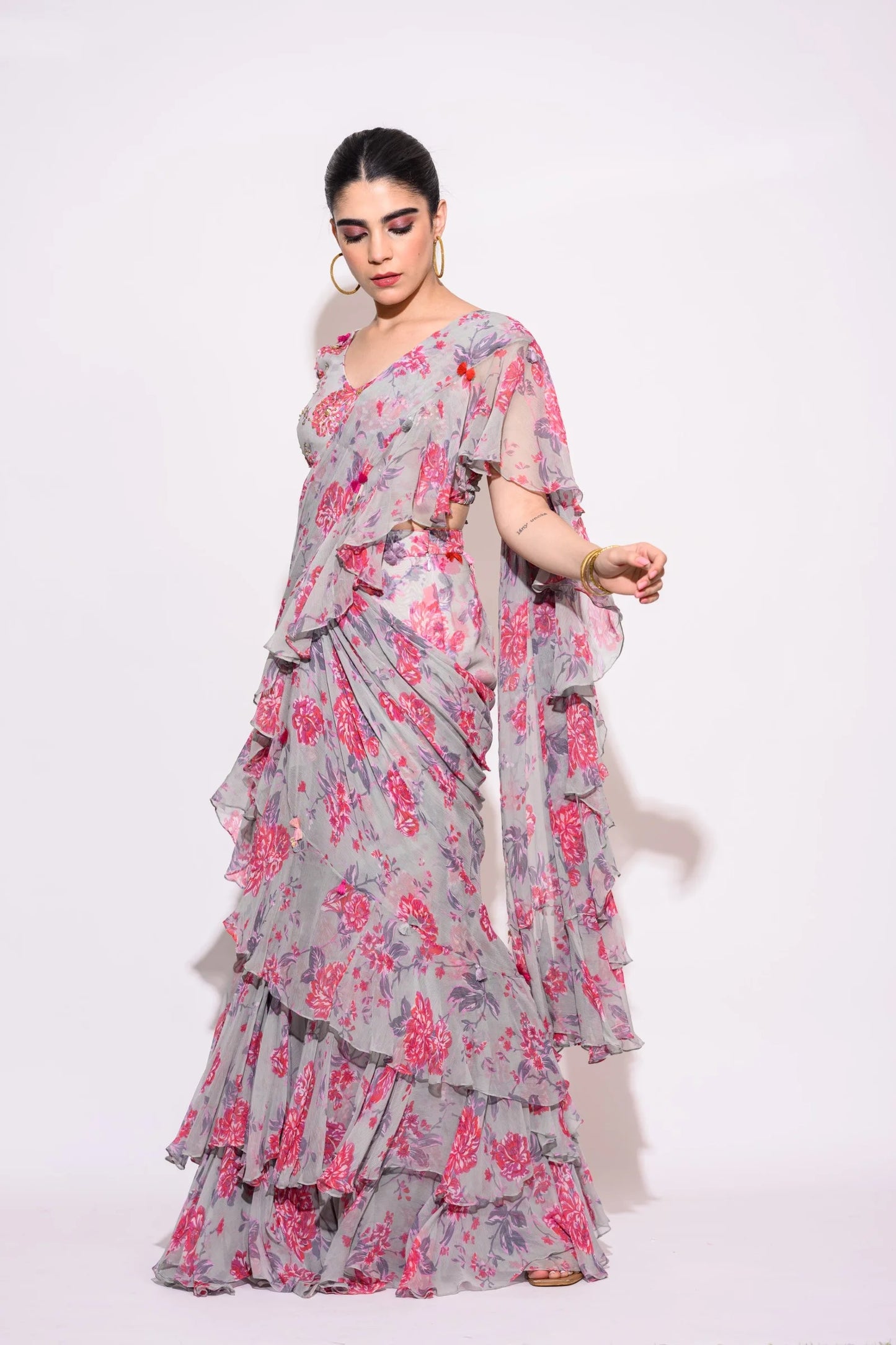 GRAY FLORAL SAREE
