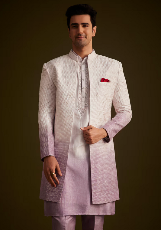 PURPLE AND LILIAC OMBRE SHERWANI WITH EMBROIDERY