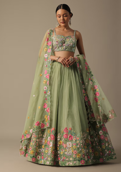 GREEN ORGANZA EMBROIDERED SET