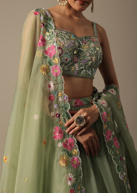 GREEN ORGANZA EMBROIDERED SET