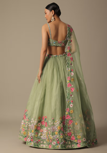 GREEN ORGANZA EMBROIDERED SET