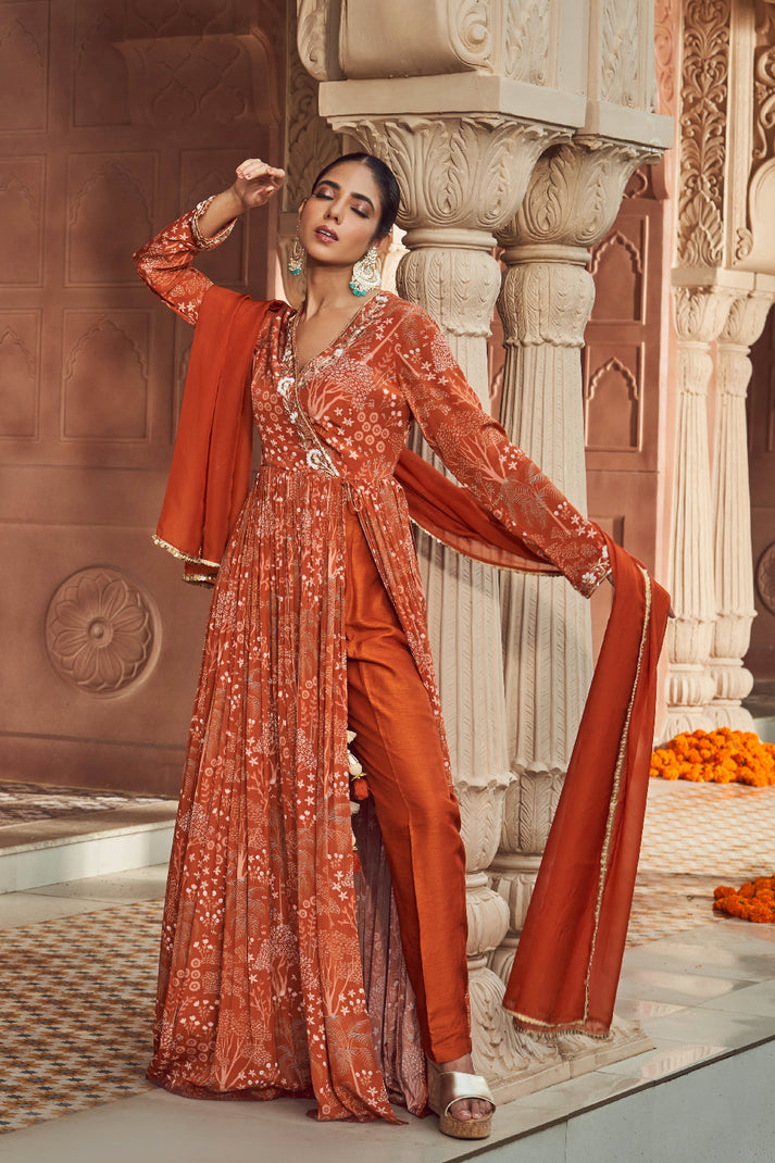 RUST ORANGE CREPE SILK EMBROIDERED SUIT