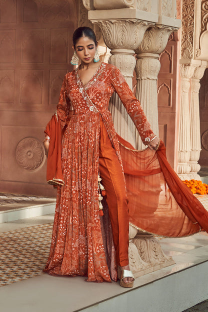 RUST ORANGE CREPE SILK EMBROIDERED SUIT