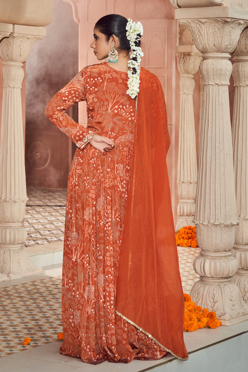 RUST ORANGE CREPE SILK EMBROIDERED SUIT