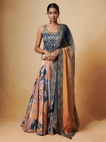 AGNI BLUE ORANGE PEPLUM LEHENGA