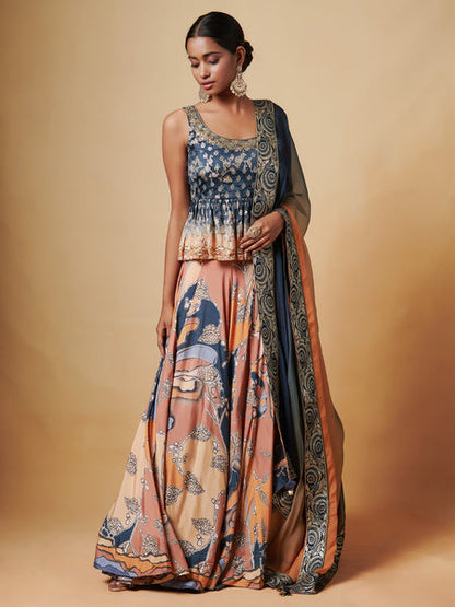 AGNI BLUE ORANGE PEPLUM LEHENGA