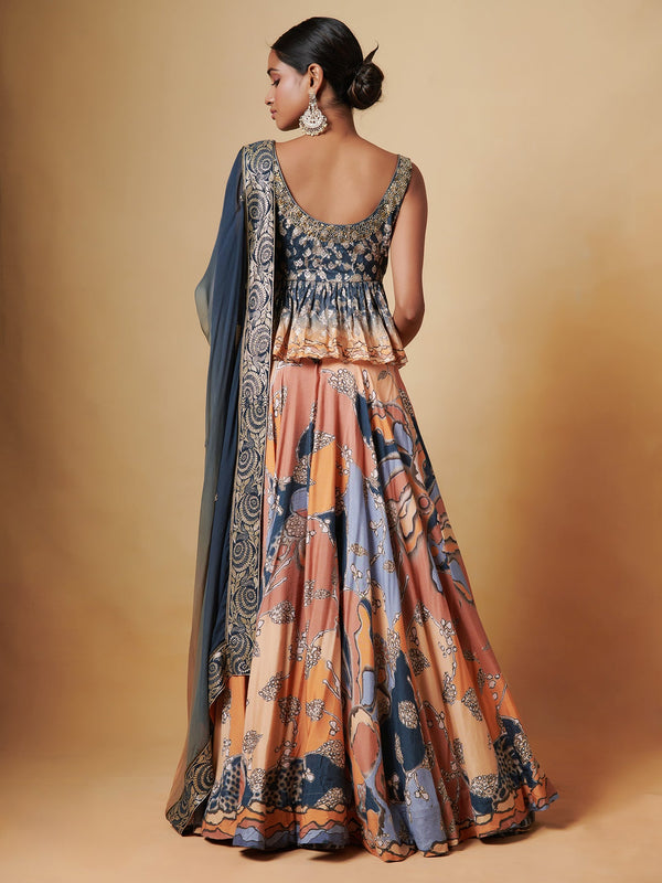 AGNI BLUE ORANGE PEPLUM LEHENGA